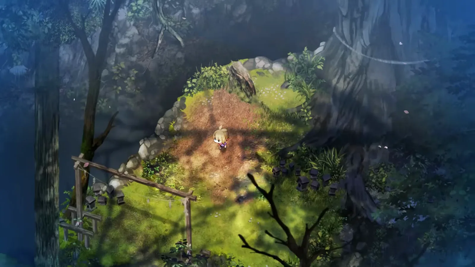 Village in the Shade forest clearing at the Crossroads with stone lanterns and a wooden gate where Komako’s shrine repair errand is set, from Nintendo Switch 2 gameplay.
