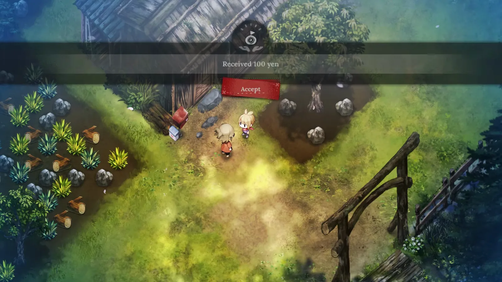 Village in the Shade on-screen banner showing Received 100 yen with a red Accept button after completing a villager task payout in English gameplay.