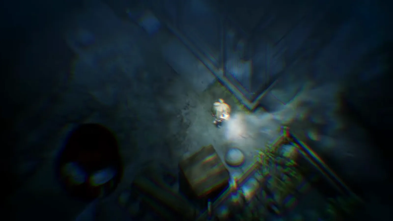 Village in the Shade dark alley scene where blurred glowing eyes stalk the hero while a narrow flashlight beam hits porch plants.