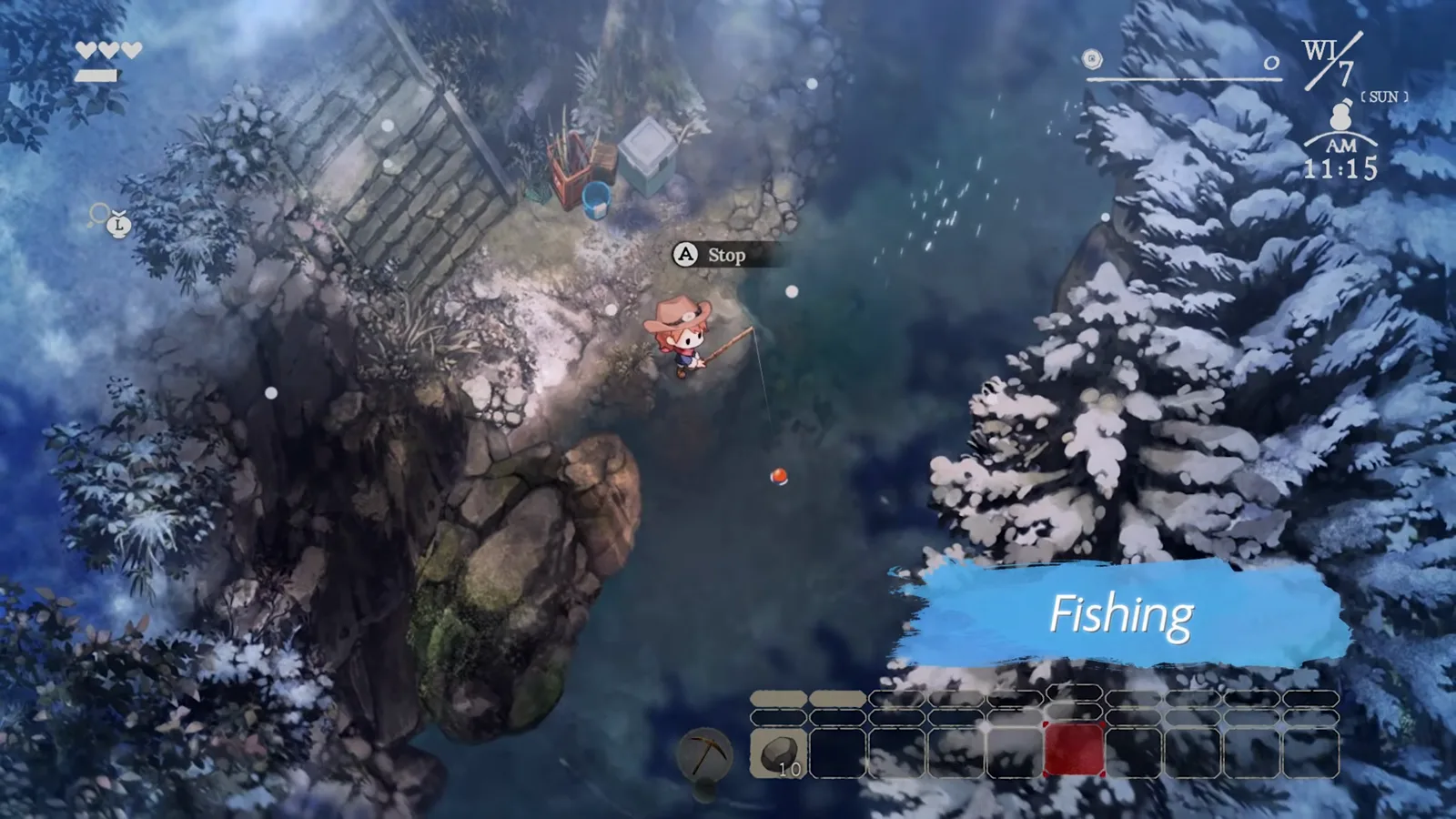 Village in the Shade winter fishing minigame beside a snowy creek where the rod bobber floats on green water and the on-screen Fishing banner confirms a catch you can ship for yen.