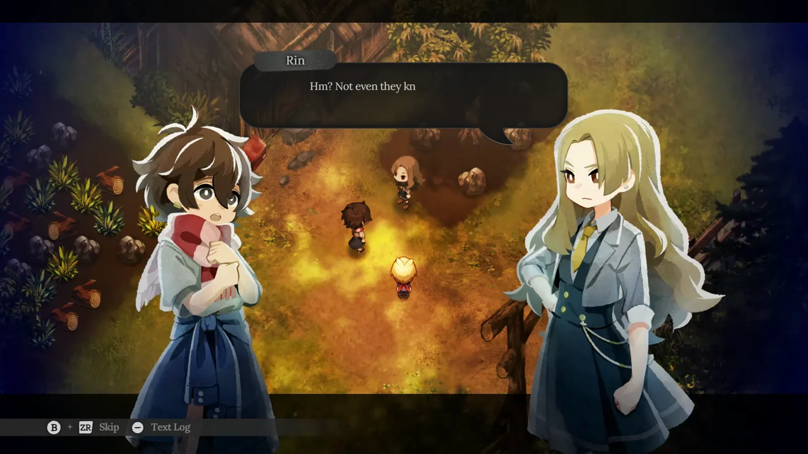 Village in the Shade nighttime village conversation where Rin speaks with the protagonist and another villager about newcomers and village rules.