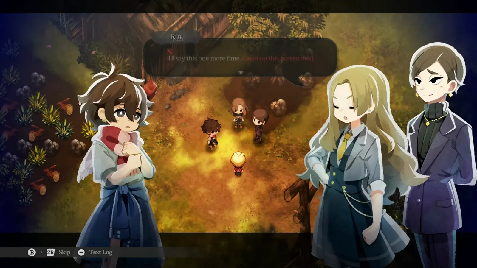 Village in the Shade dialogue portrait of Rin telling the protagonist to clean a barren field, showing her strict village-head tone in English gameplay.