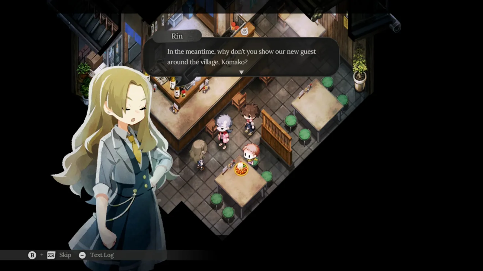 Village in the Shade izakaya interior where Rin welcomes a guest and directs Komako to give a village tour, confirming Rin’s leadership role in Kagatsu.