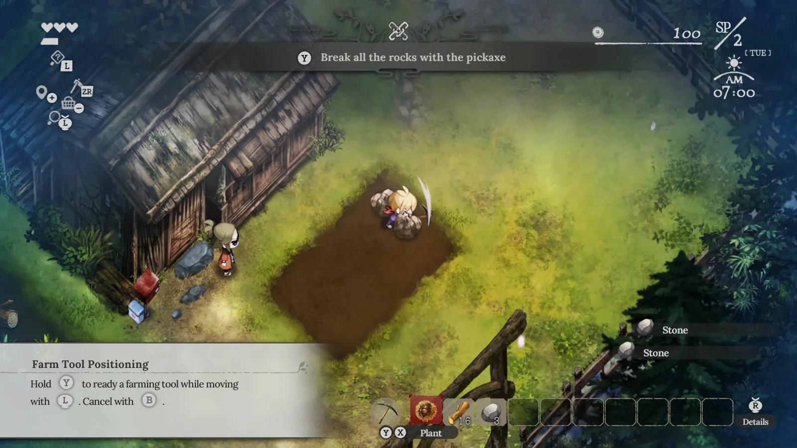 Village in the Shade English gameplay objective banner telling you to break field rocks with the pickaxe while stone pickup icons pop beside the tilled plot.