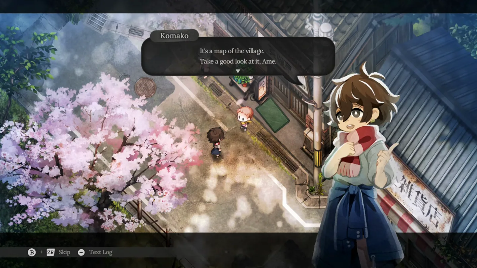 Village in the Shade Switch 2 gameplay dialogue where Komako hands Ame a village map beside the Tagami general store sign, introducing Kagatsu’s layout after you join.